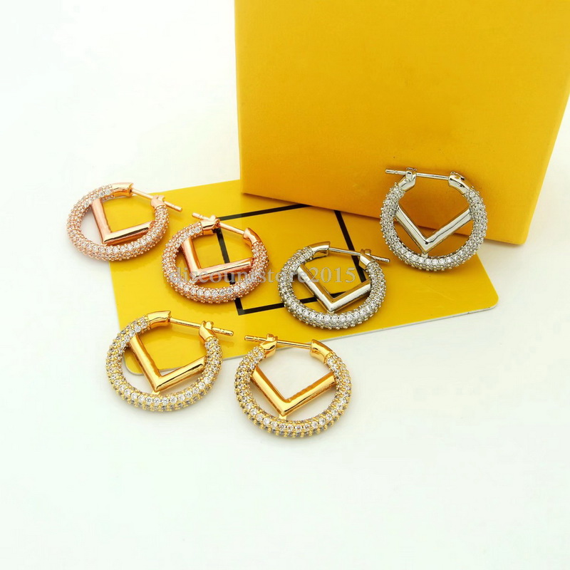 

Europe America Fashion Style Hoop Earrings Lady Women Gold/Silver/Rose Color Hardware Engraved Hollow Out Letter F Circle With Full Diamond