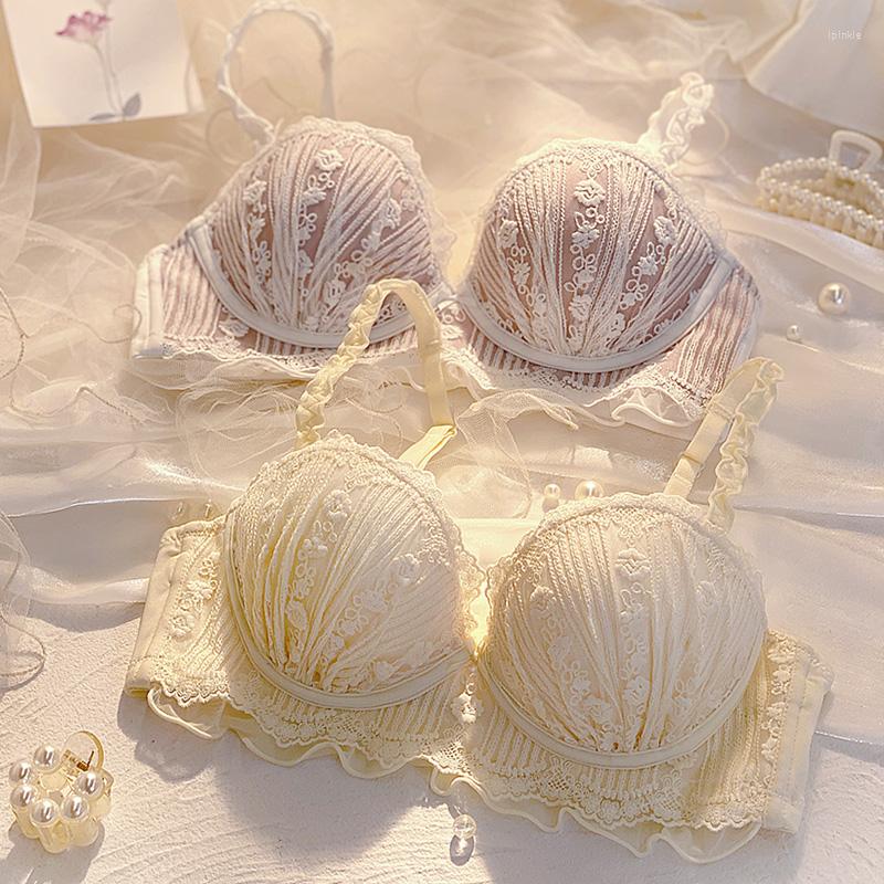

Bras Sets Young Girls Lingerie Set Sexy Lace Wireless Push Up Bra Romantic Women Embroidery Underwear And B Cup & Brief, Beige