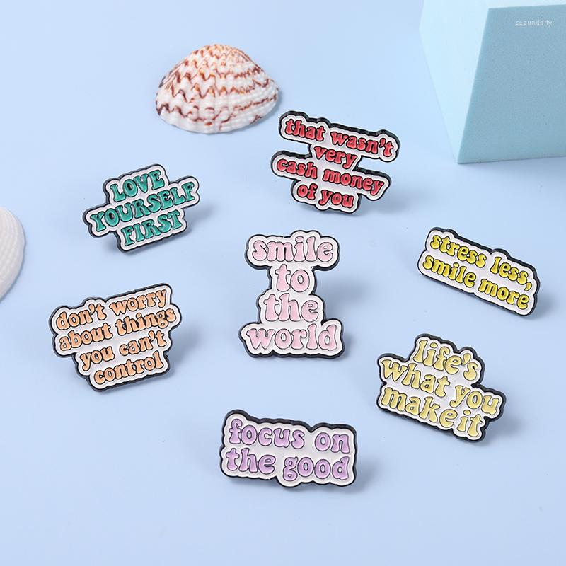 

Brooches Funny Quote Series Enamel Pins "Stress Less Smile More" Brooch Lapel Pin Badges Creative Gift Women Girl Jewelry