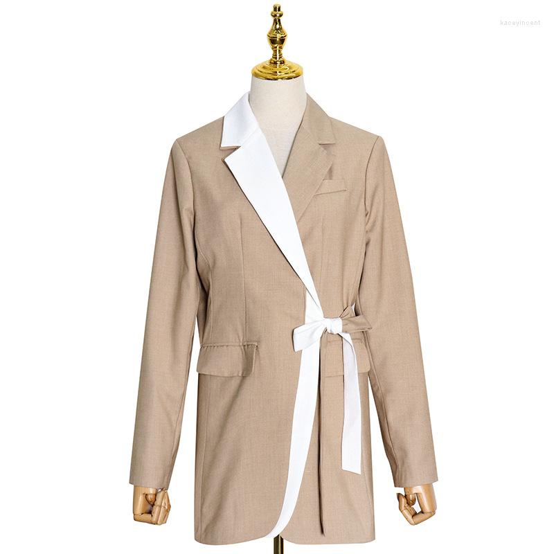 

Women's Suits Office Lady Turn-down Collar Sash Tie Up Blazer Elegant Female Camel Long Sleeve With Belt