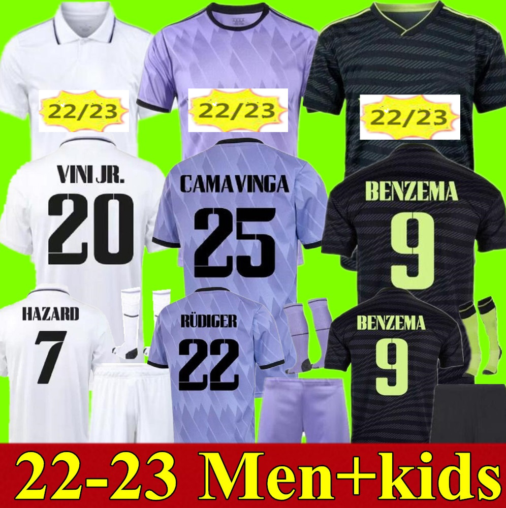 

22 23 soccer jerseys football shirt Camavinga ALABA HAZARD BENZEMA MODRIC ASENSIO VINI JR MARCELO Tchouameni Rudiger camiseta men kids kit 2022 2023 uniforms fourth, Adult away+patch