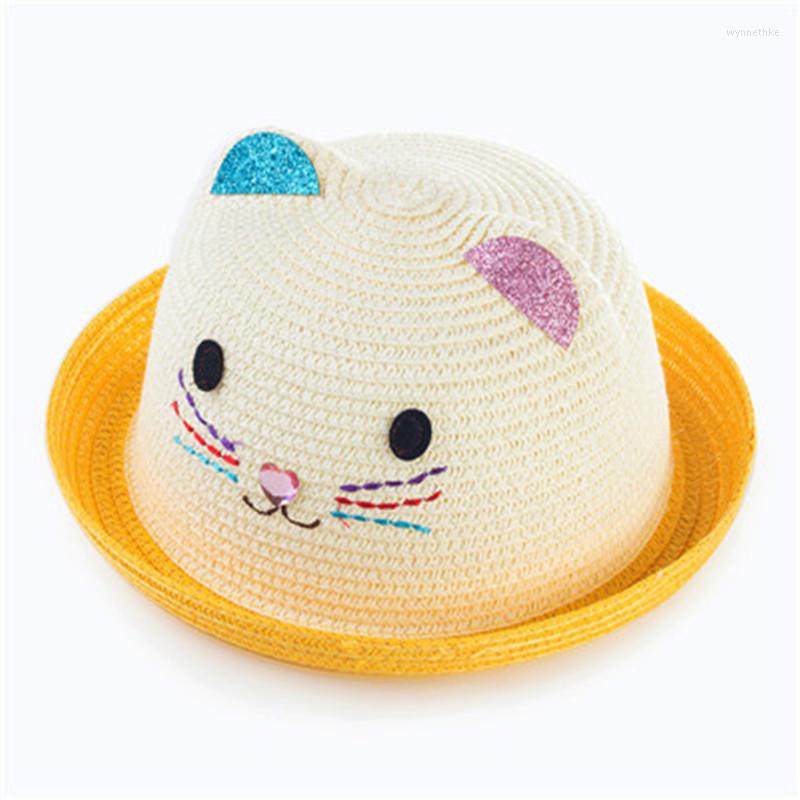 

Berets Children Straw Hat Cute Summer Cat Ear Decoration Sun Hats For Kids Girls Boys Solid Floppy Beach Cap Panama, Red