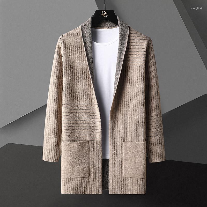 

Men's Sweaters Designer Color Contrast Cardigan Men Long Coat 2022 Autumn Fashion Knit Striped Jacket Korean Plus Size Woolen, Khaki we8821
