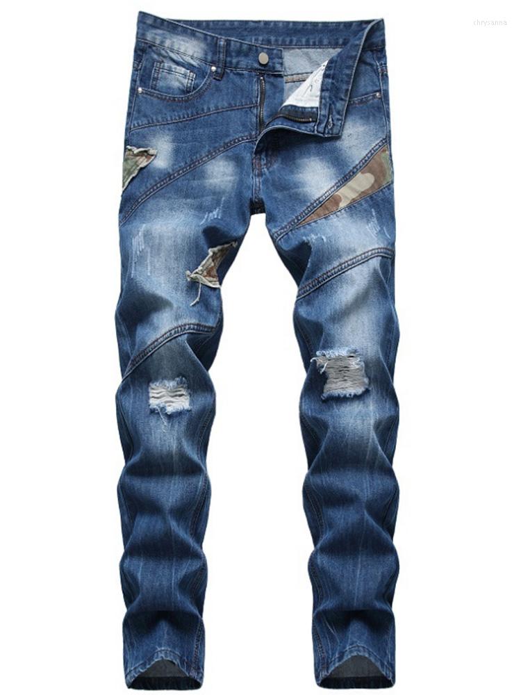 

Men's Jeans Ripped Men's Personality Color Fan Stitching Pants, Blue
