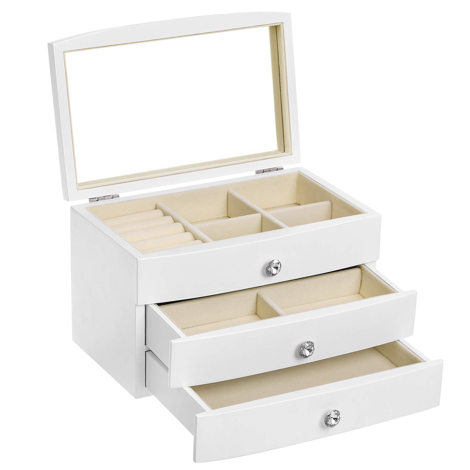 Boîtes de bijoux Songmics Box Organisateur de boîtier en bois à 3 niveaux avec grand miroir pour anneaux Colliers Boucles d'oreilles Bracelets bl