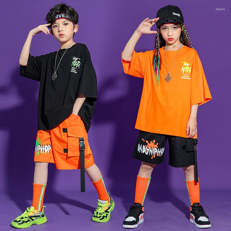 

Stage Wear Children's Day Hip Hop Dance Costume Boys Street Loose Tops Shorts Casual Girls Jazz Clothing Performance Suit Rave BL5936, Orange shorts