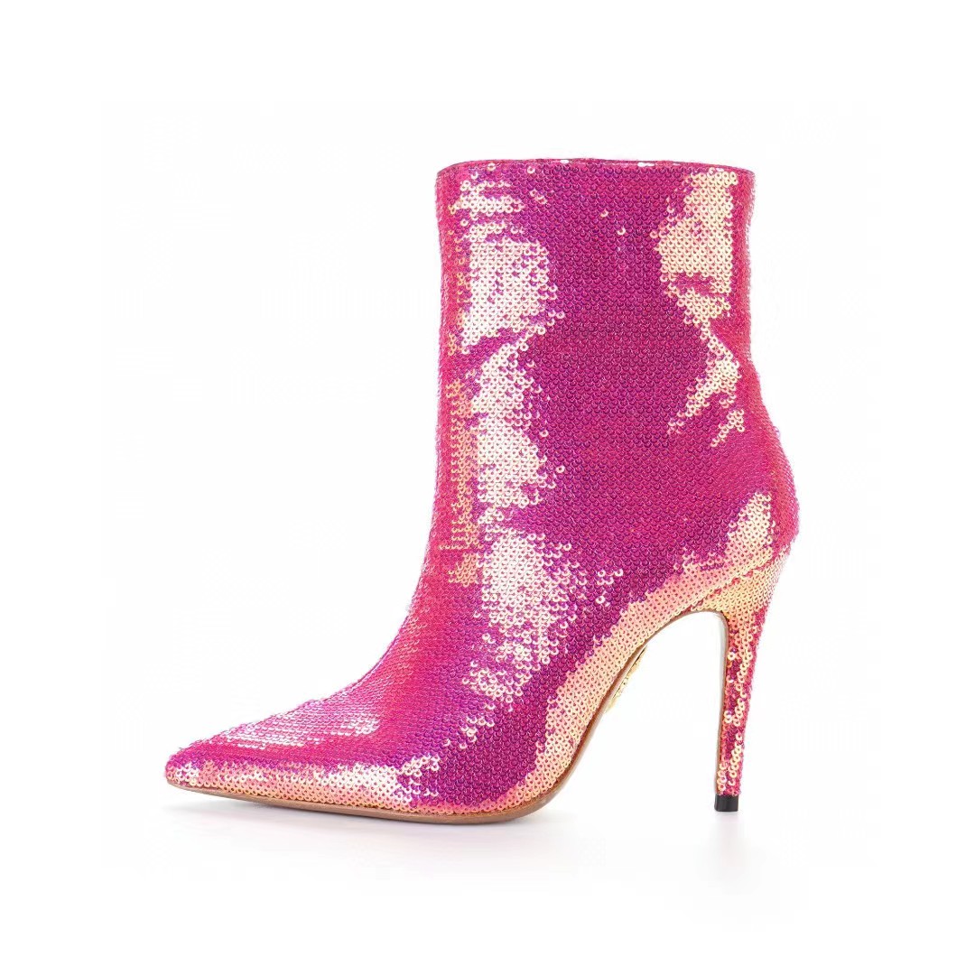 

Designer women's pointed stiletto fashion boots luxury sexy night side zipper short boots Sequin shiny gold silver wedding party shoes top 9cm high heels, Fuchsia