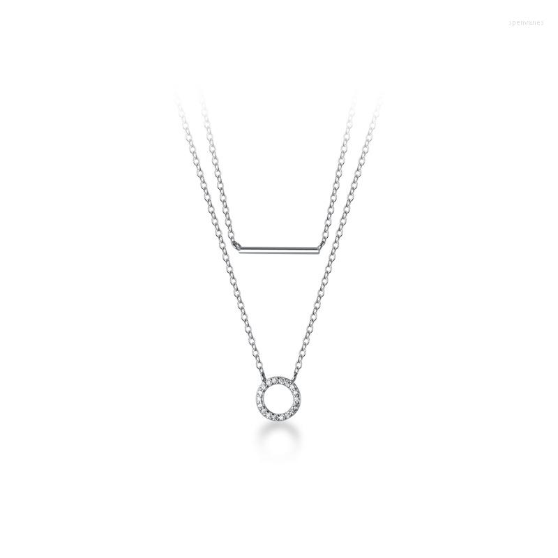 

Chains 100% Authentic 925 Sterling Silver Double Rows Multilayered Choker Necklace Geometric Strip Bar &Lucky Circle Pendant C-D7771