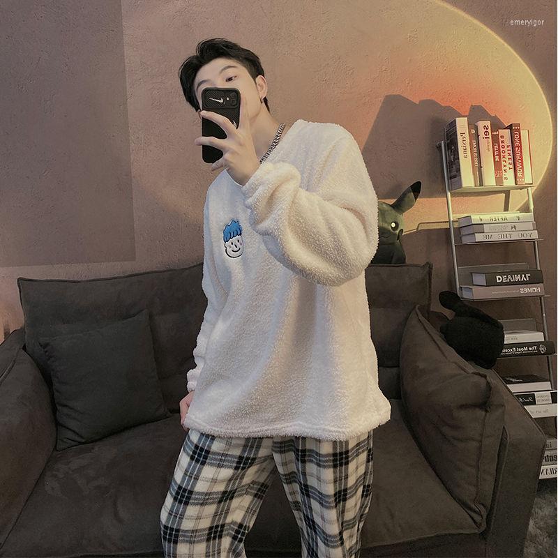 

Men's Sleepwear Autumn And Winter Coral Fleece Fashion Trend Solid Color Pullover Cardigan Korean Knit Sweater Plus Velvet Thick Top, White