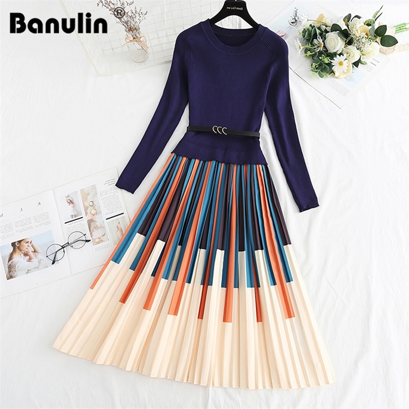 

Casual Dresses Autumn Winter Elegant Striped Print Knitted Stitching Pleated Dress Women Long Sleeve Thick Pullover Sweater Office Midi Vestido 220827, Black