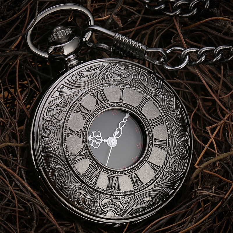 Pocket Watches Vintage Watch Antique Roman Number Quartz Steampunk Black Hollow Out Pendant Clock Chain Necklace Men Gift 220826