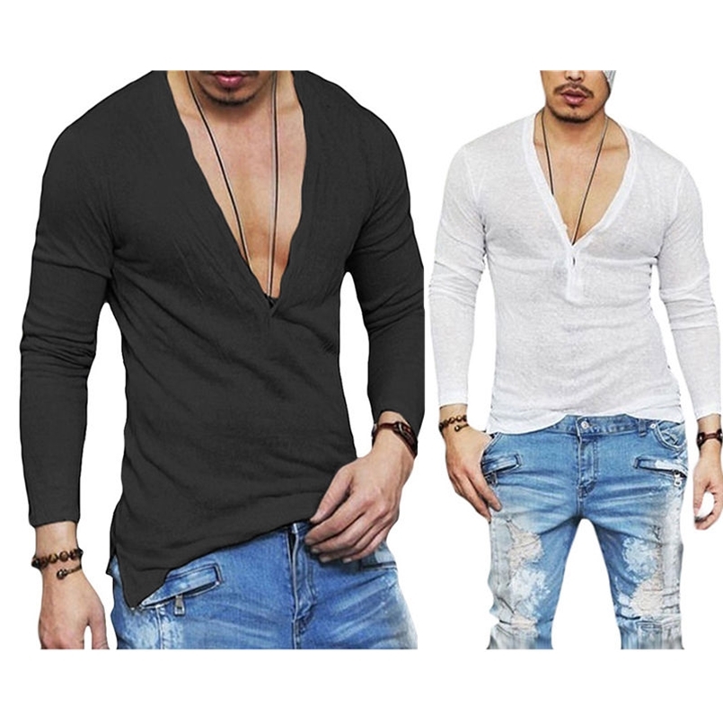 Men's T-Shirts US Stock Fashion Men Casual Slim Fit Long Sleeve Deep V-neck Sexy Shirt T-shirts 220920