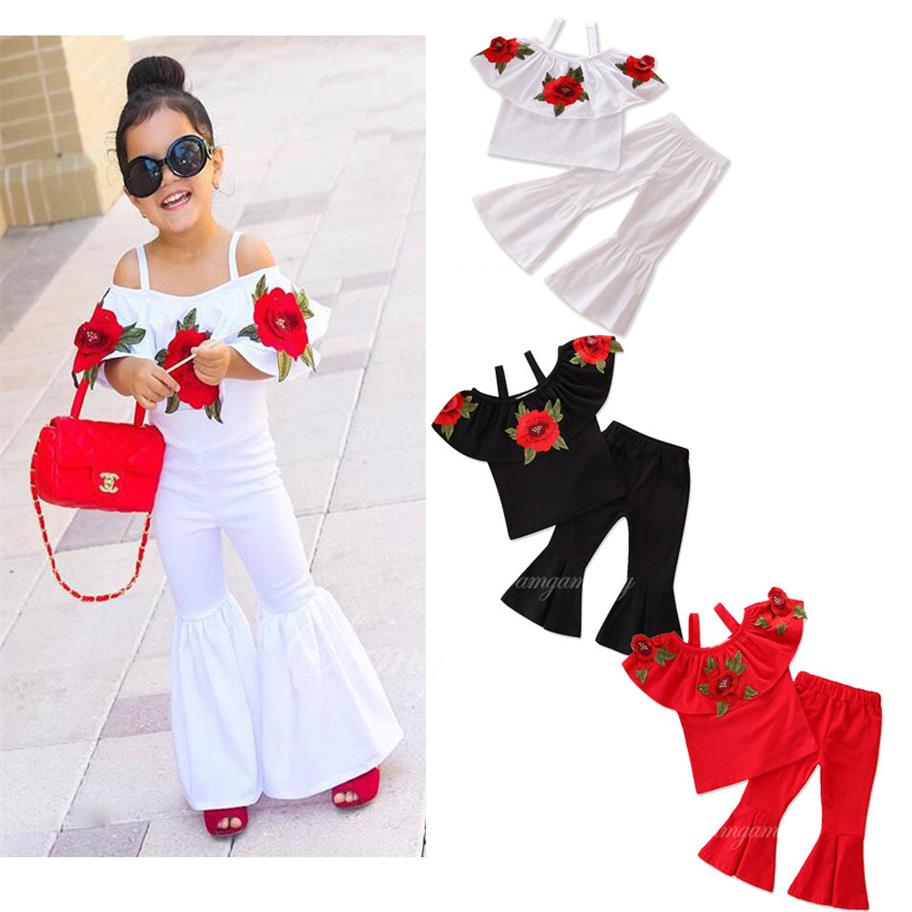 

new 2pcs set childrens clothing baby girls fashion suit rose top flared pants childrens clothing girl set kids clothes 110 years a268y, White