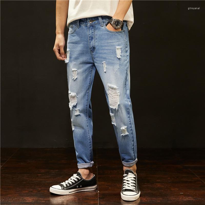

Men's Jeans 2022 Fashion Summer Men's Pants Boys Hole Solid Casual Ripped Korean Version Denim Male Ankle-length Trousers, Picture shown