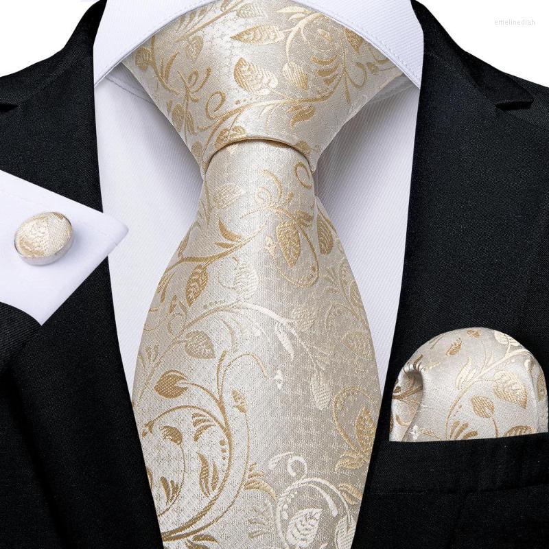 

Bow Ties Hi-Tie Champagne Beige Floral Designer Silk Wedding Nicktie For Men Hanky Cufflink Gift Mens Tie Set Business Party Drop