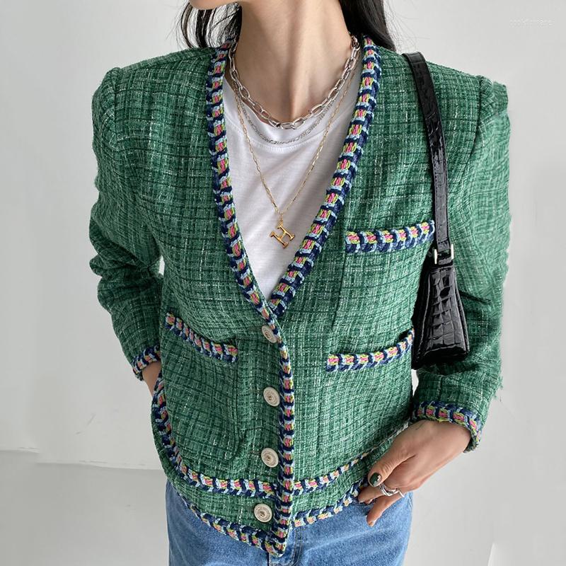 

Women's Jackets South Korea's Fashion French Retro Blouse Women's V-neck Woven Edging Single-breasted Loose Tweed Short Jacket KK824, Green