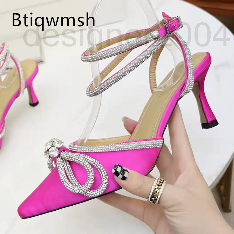 

Sandals designer Luxury pink satin rhinestone sandals woman pointed toe crystal butterfrly stylinback high heel pumps lady sexy party shoes NROX, 2# packing bag