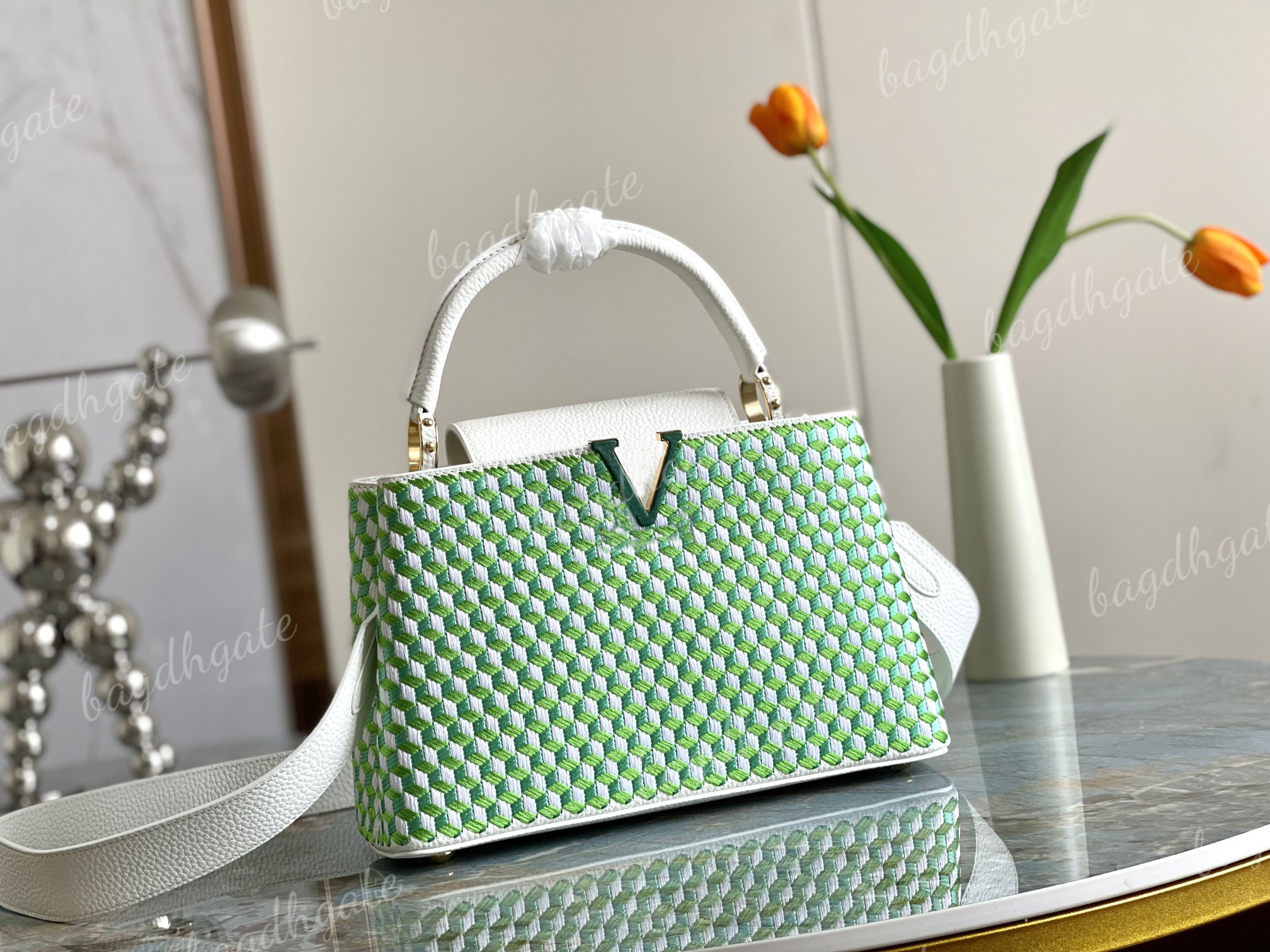 

Lvity Designer luxury bag with classic intricate embroidery on elegant leather with delicate seam texture detachable shoulder strap and tote, Justbox