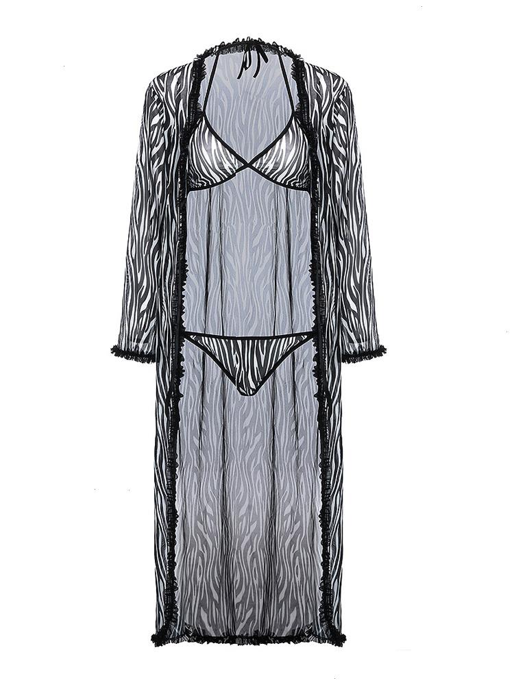

Zebra Pattern Contrast Trim Womens Sleepwear Robe And Bra Set Casual Mesh, Black