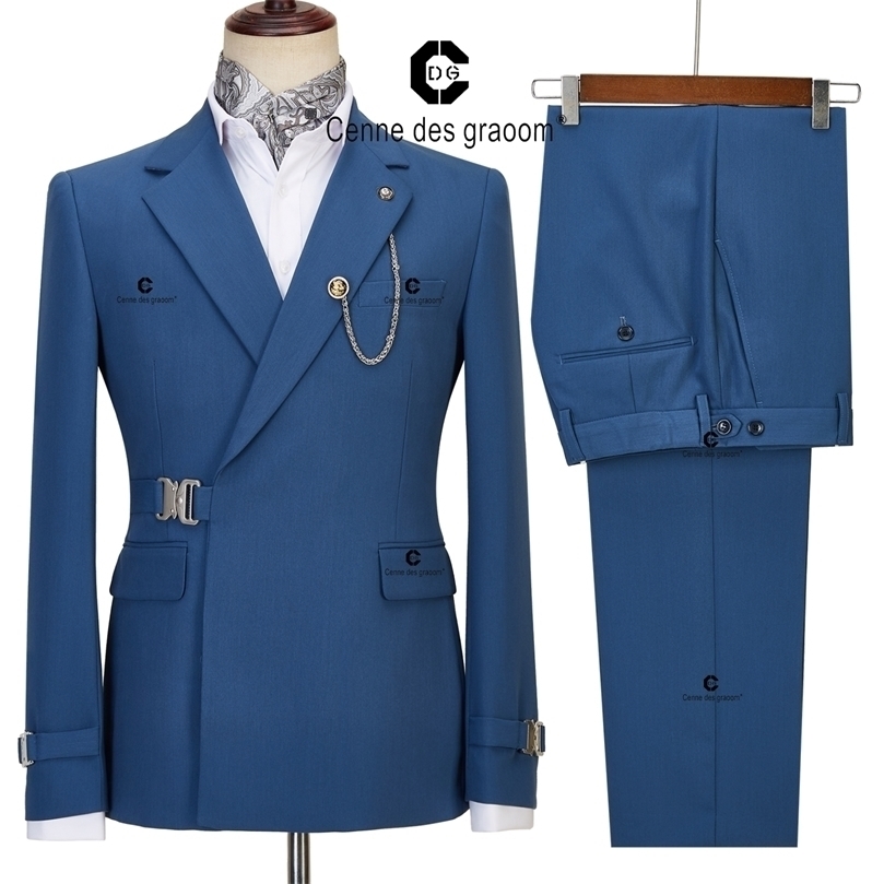 Mens Suits Blazers Cenne Des Graoom Men Blue Jacket Trousers 2 Pieces Set Metal Side Release Buckle Elegant Wedding Evening Dress 220827