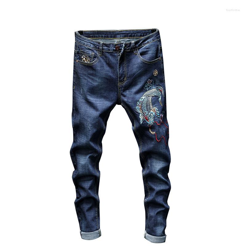

Men's Jeans Spring Mens Autumn Fashion Brand Japan Style Vintage Fish Embroidered Blue Denim Men Casual Slim Fit Tattoo Design Pants, Picture shown