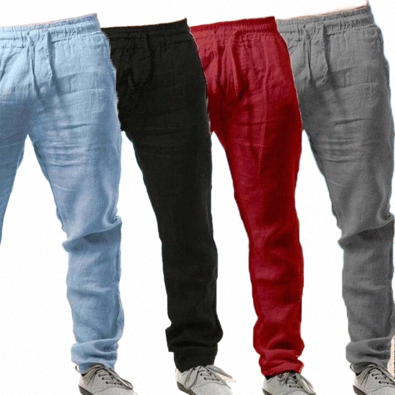 

men's Pants 8 Colors Trend Comfortable Solid Color Linen And Cotton Casual Elastic Waist Trousers y6Bn#, Dark khaki