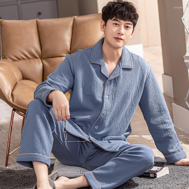

Men's Sleepwear Winter Thick Warm Men Air Cotton Pajamas Long Sleeve Turn-down Collar Suit Casual Soft -4XL Male Nightwear, Yg1013