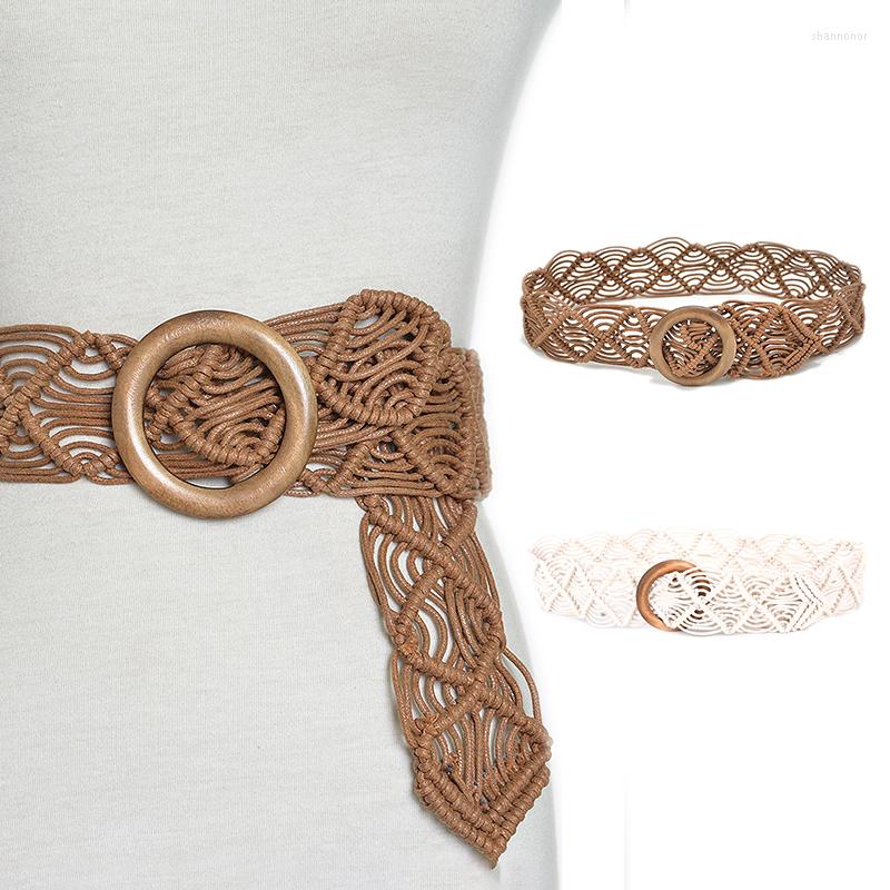 

Belts Vintage Wide Bohemian Women Round Wood Buckle Female Casual Dress Belt, Beige
