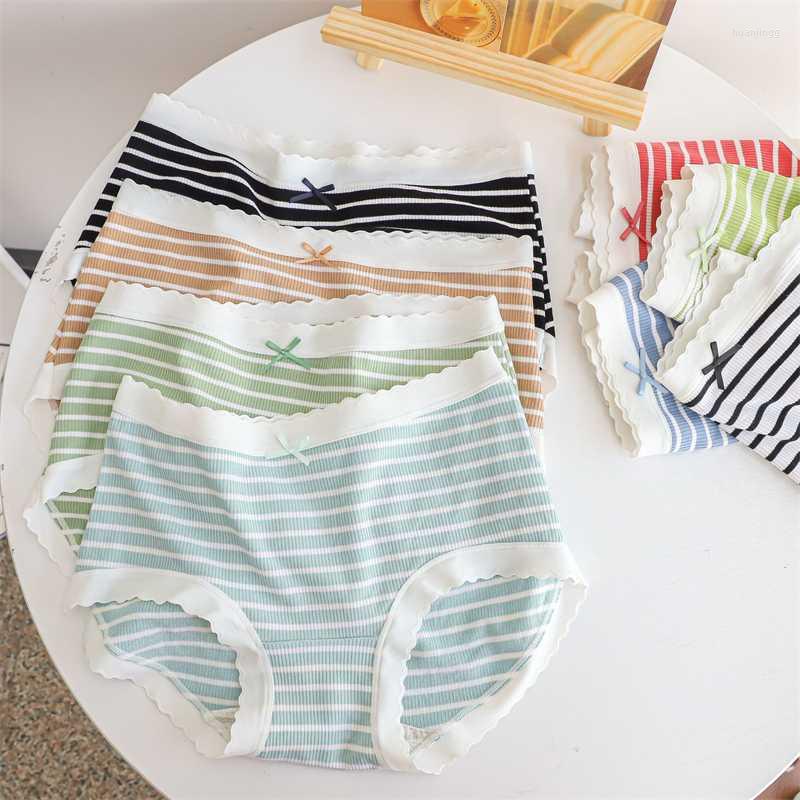 

Women's Panties Japanese System Threaded Fabrics Female Underpants Minimalistic Stripe Bow Knot Mid Waist Briefs Comfortable Breathable