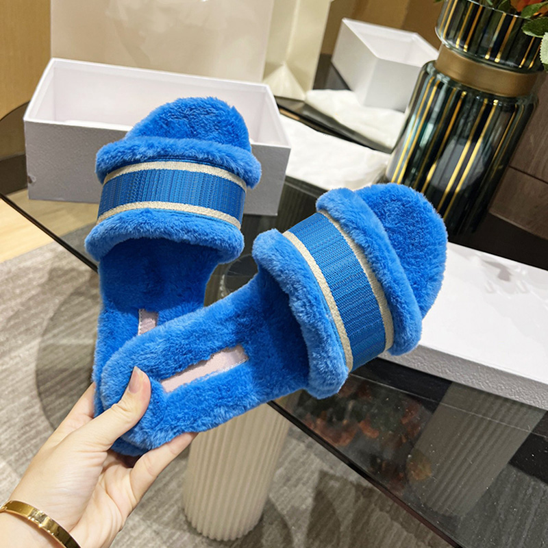 

Cotton Embroidered and Shearling Slide Slippers Women Fur Scuffs Flat Wool Mules Sandals Designers Black White Grey Blue Embroidery Slides Casual Home