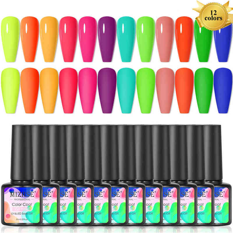 

Nail Polish MIZHSE 12Pcs Gel Nail Polish Set 8ml Fluorescent Colorful Gel Varnishes Soak Off Neon UV Gel for Nail Art Top Base Coat Needed T220826, Pink