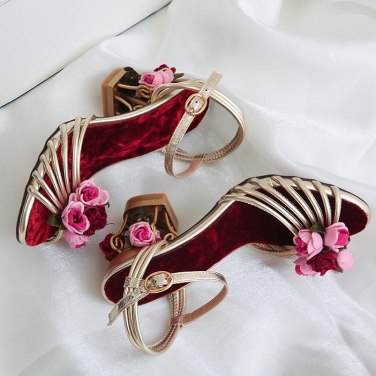 

Sandals Fretwork Style Women Gold Summer Narrow Strap Flower Decor Prom Party Pumps 5cm Bird Cage High Heels Sandalias Size43