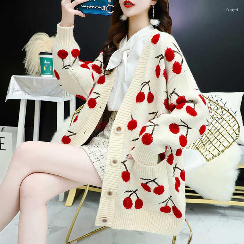 

Women's Knits 2022 Autumn And Winter Fashion Casual Printed Ladies Sweater Loose Temperament V-neck Long-sleeved Knitted Cardigan Women, Green