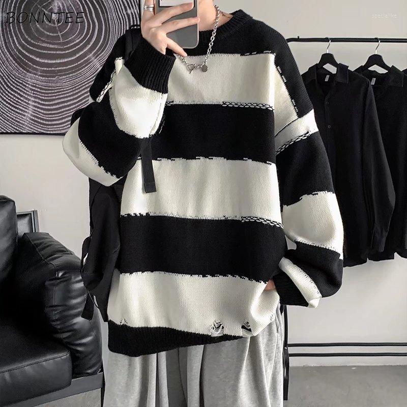

Men's Sweaters Sweater Men Striped Ripped Autumn Students Trendy All-match Loose O-neck Knitting Harajuku BF Simple Clothing Chandails, Black