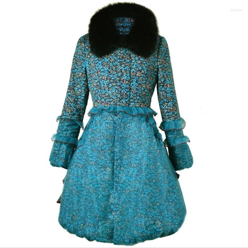 

Women' Trench Coats 3XL Winter Fashion Zipper Printed Vintage Lantern Sleeve Slim Wadded Jacket Elegant Female Cotton-padded Coat, Blue