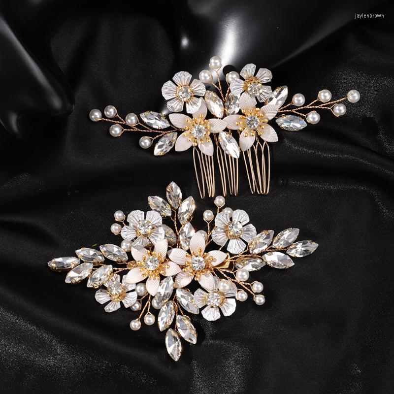 

Headpieces Gold Rhinestone Wedding Hair Accessories Handmade Flower Pearl Comb Trendy Bridal Head Clip Women Party Headpiece Tiaras