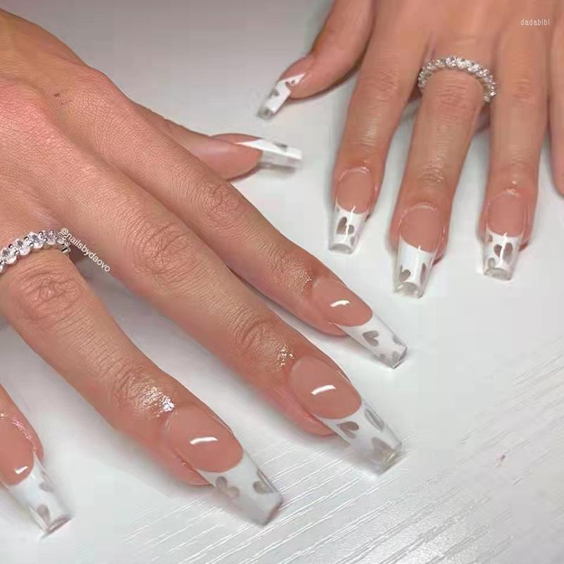 

False Nails W078 White French Set Press On XL Length Faux Ongles With Sweetie Designs