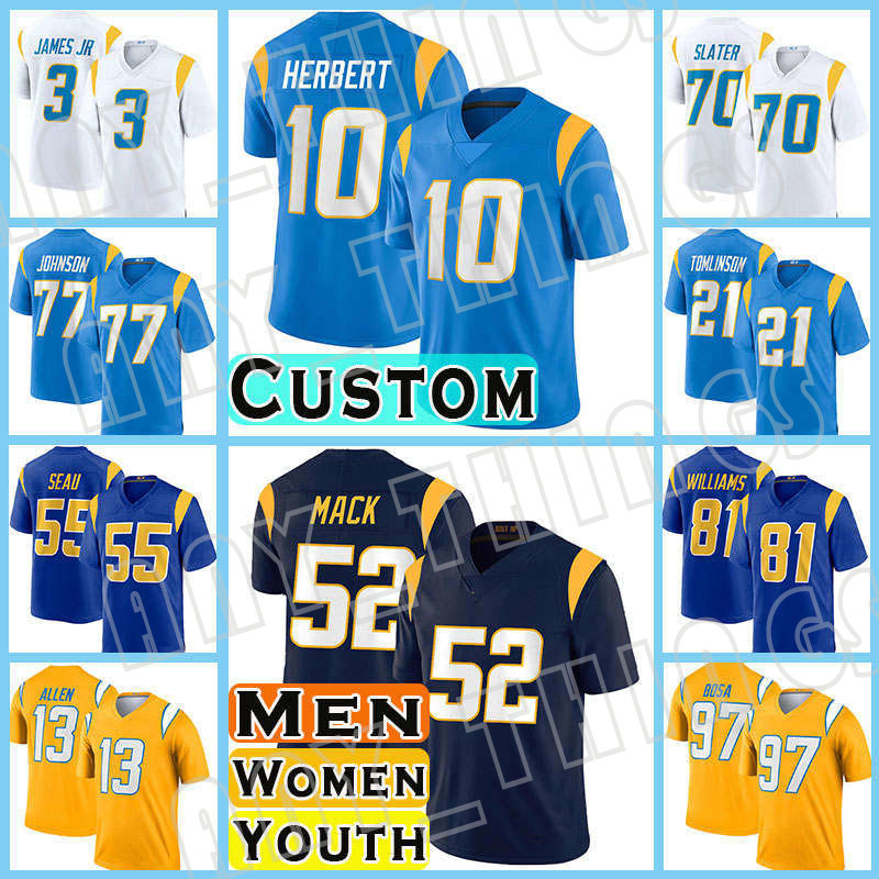

3 Derwin James Jr 52 Khalil Mack Football Jerseys Justin Herbert Joey Bosa Keenan Allen J.C. Jackson Austin Ekeler Chargers Mike Williams Asante Samuel Michael Davis, Custom women(s d)