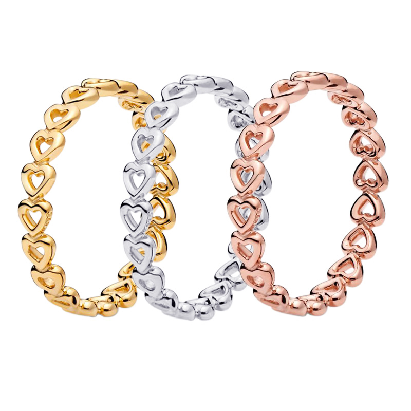 

Yellow Gold plated Band of Hearts Ring Womens 925 Sterling Silver Wedding gift Original Box set for Pandora Rose gold Rings