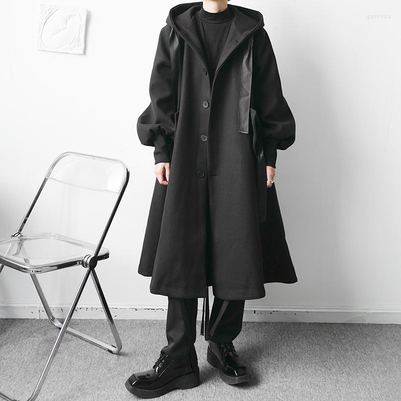 

Men' Trench Coats 2022 Fashion Tweed Coat Men' Medium Long Autumn Winter Hooded Loose Japanese Trend, Black