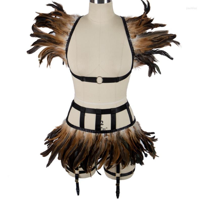 

Garters Harness Fashion Punk Feathers Accessories Sexy Body Bandage Cage Erotic Lingerie Rock Dance Rave Wear Set Cupless Garter Belt, Yellow
