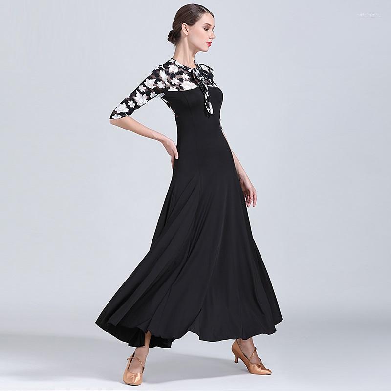 

Stage Wear Ballroom Dance Dress Women Clothes Waltz Print Standard Modern Costumes Gown, Black