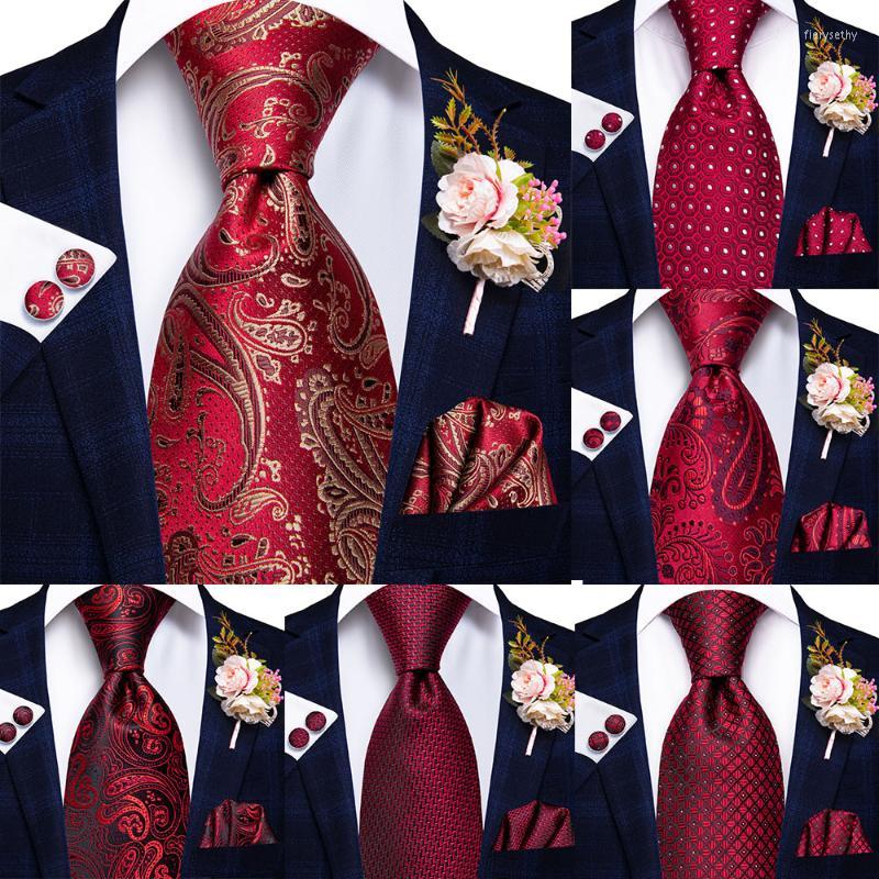 

Bow Ties Hi-Tie Red Burgundy Paisley Silk Wedding Tie For Men Hanky Cufflinks Brooches Mens Set Fashion Bussiness Party Drop