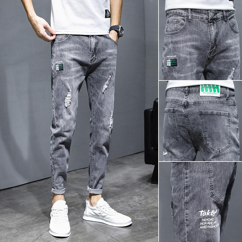 Men&#039;s Jeans Men Korean Style Summer Solid Color Slim Fit Denim Ankle-Length Pants Mid Waist Button Ripped Pencil-image-795159532