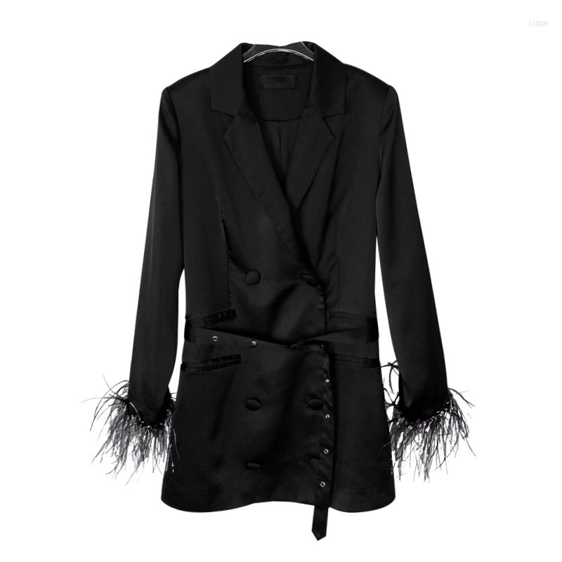 

Women' Suits VSUE Women Black Gray Sash Button Long Sleeve Notch Collar Blazer Satin Double-breasted Solid C0318