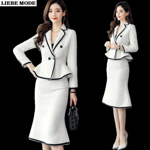 Two Piece Dress Women's Formal Tweed Skirt Suit for Women Skirt and Jacket Set 2 Piece Office Lady Autumn Winter Black White Blazer with Ski