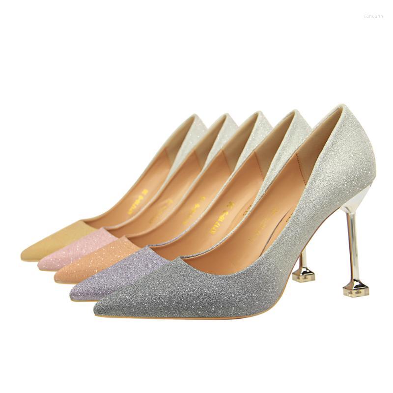 

Dress Shoes Korean Version Of Fashion Thin Heel High Shallow Mouth Patchwork Color Bright Gradient Sexy Women's Single, Gold