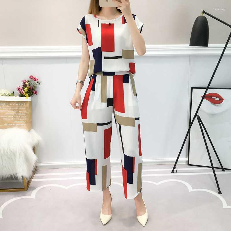 

Women's Tracksuits 2022 Fashion Women's Short-Sleeved Chiffon Top Casual Nine-Point Pants Suit Fat MM Loose Two-Piece, Black