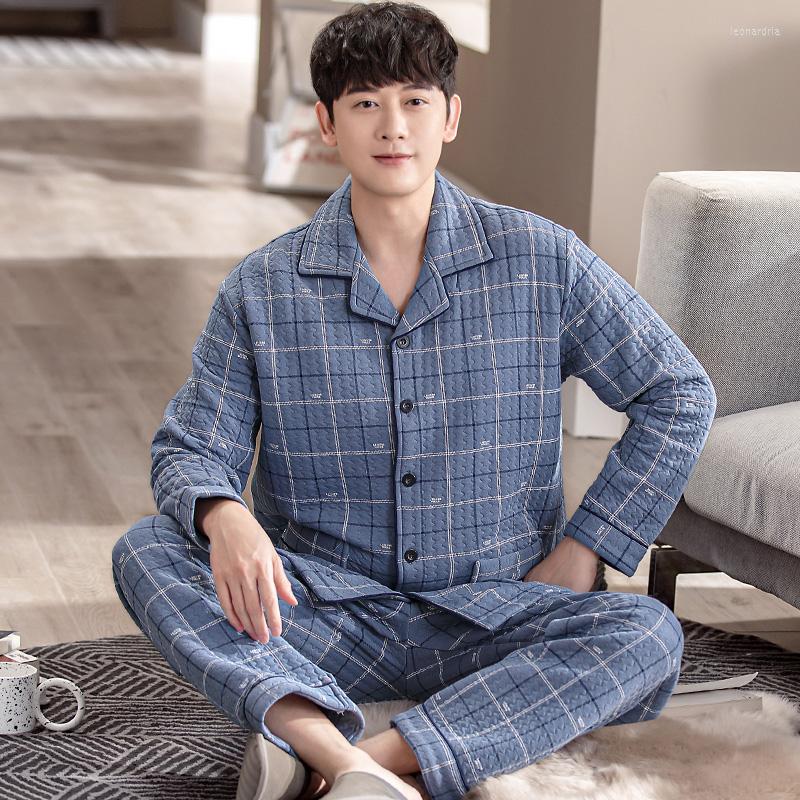 

Men's Sleepwear Winter Thick Warm Men Air Cotton Pajamas Set Long Sleeve Cardigan Men's Plaid Casual Soft 4XL Male Nighty, Yg1026