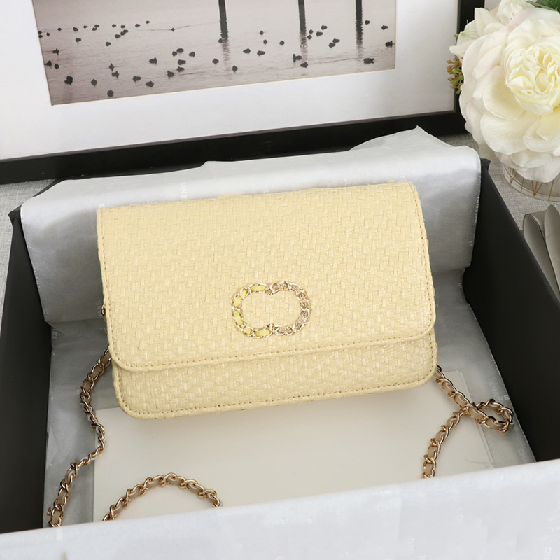 

Womens Straw Wallet With Chain Bags Classic Mini Flap Two-tone Badge Quilted Gold Metal Hardware Matelasse Chain Crossbody Shoulder Card Holder Handbags 20X13X3.5CM, Box